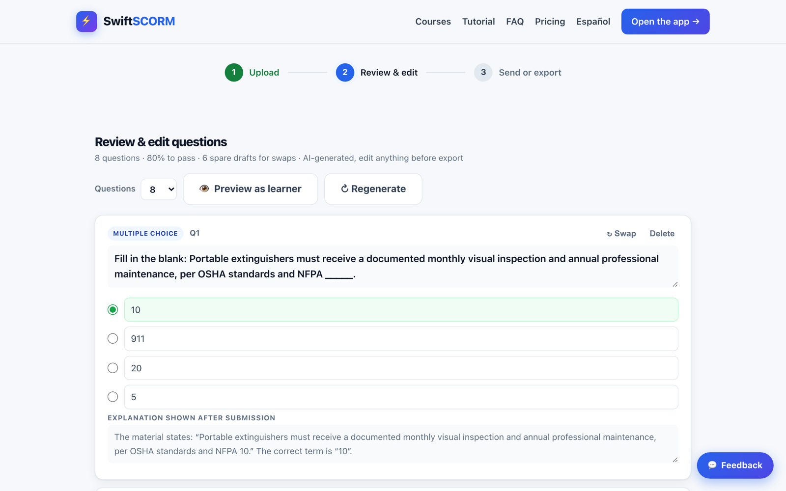 Classic builder Review & edit step: heading 'Review & edit questions' with '8 questions, 80% to pass, 6 spare drafts for swaps, AI-generated, edit anything before export'. A Questions count dropdown, 'Preview as learner' and 'Regenerate' buttons, and the Q1 multiple-choice card with its correct answer highlighted green and an explanation field.
