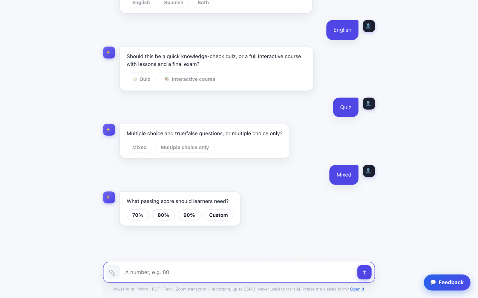 Course Copilot conversation: the user has answered English and Quiz. The assistant asks whether to use multiple choice and true/false or multiple choice only, the user picks Mixed, and the assistant then asks what passing score learners should need, with chips for 70%, 80%, 90%, and Custom.